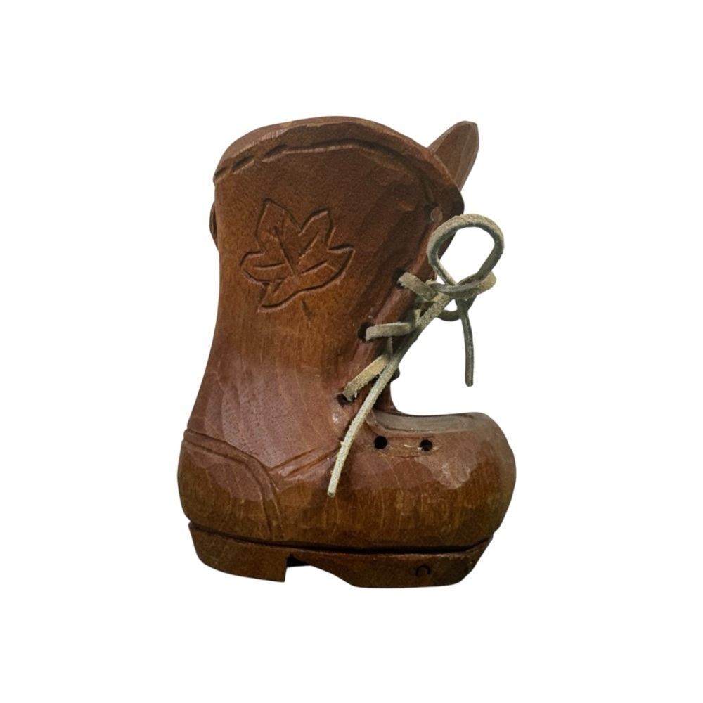 Vintage Hand Carved Wooden Boot with Laces